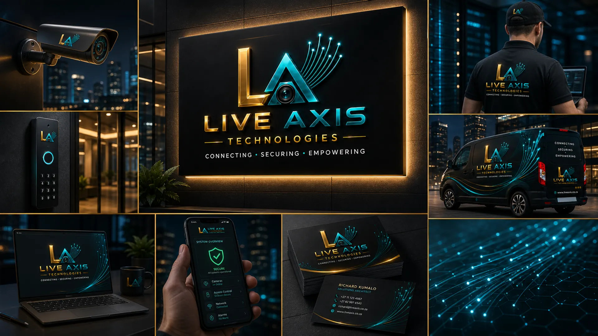 Live Axis Technologies brand identity applied across technology and business mockups